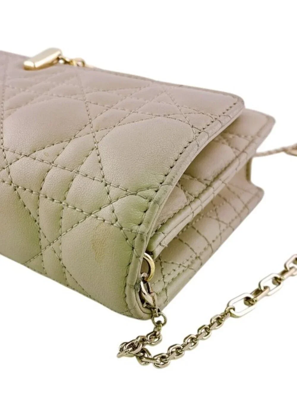 Dior Lady Logo Leather Wallet Chain Beige Handbag